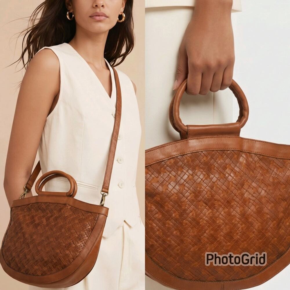 New Patricia Nash Brown Woven Leather Oliena Satchel Handbag 16x12x4.5